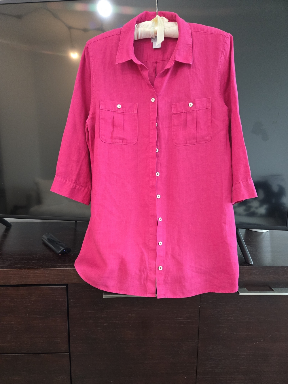 Chico's LINEN NO IRON RED Button-Down Tunic Shirt Size S/2